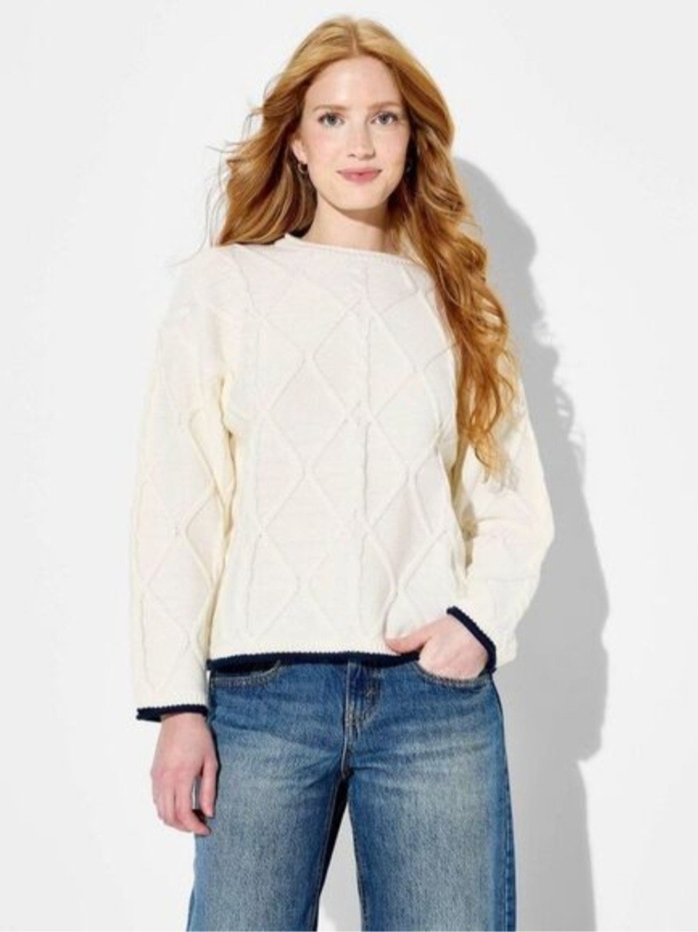 wild fable Cream Cable Knit Crew Sweater with Navy Trim